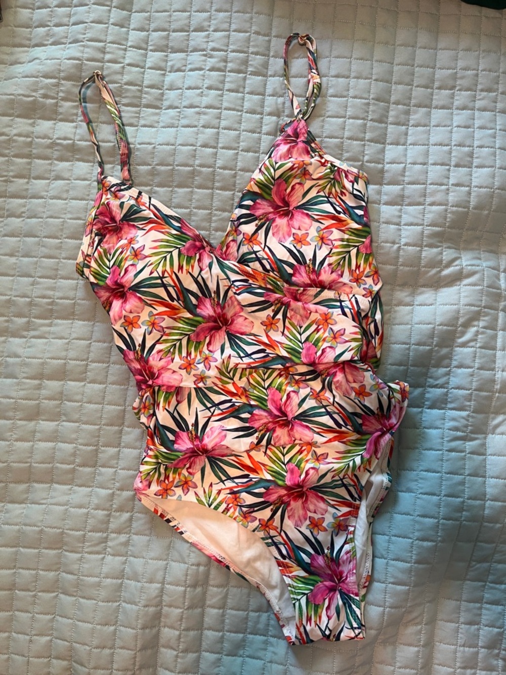 Catherine Malandrino Pink Tropical Floral One-Piece Swimsuit with Green Leaves